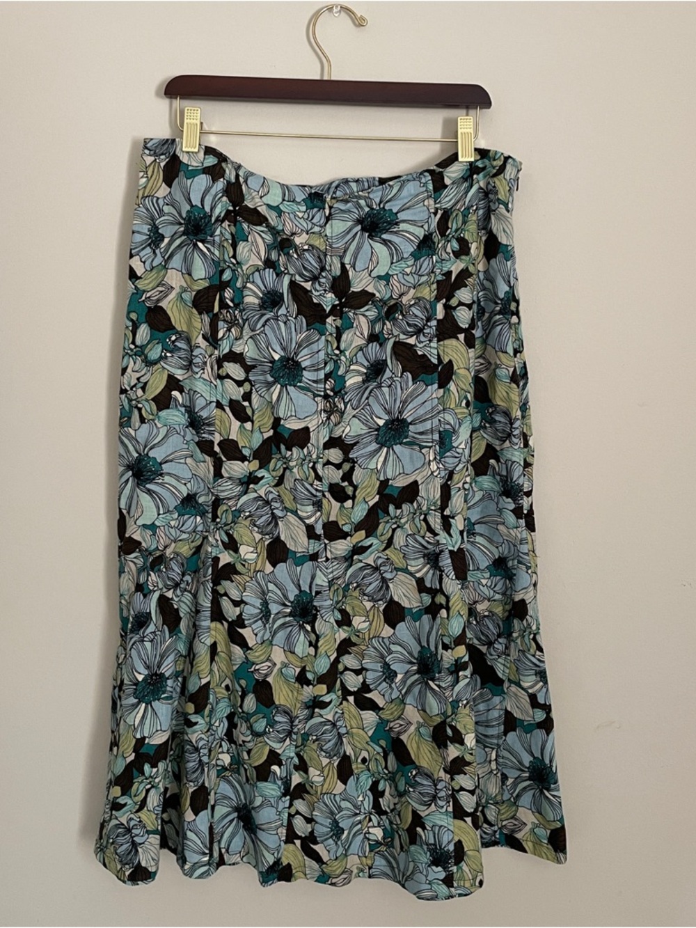 Floral A-Line Midi Skirt in Teal and Black